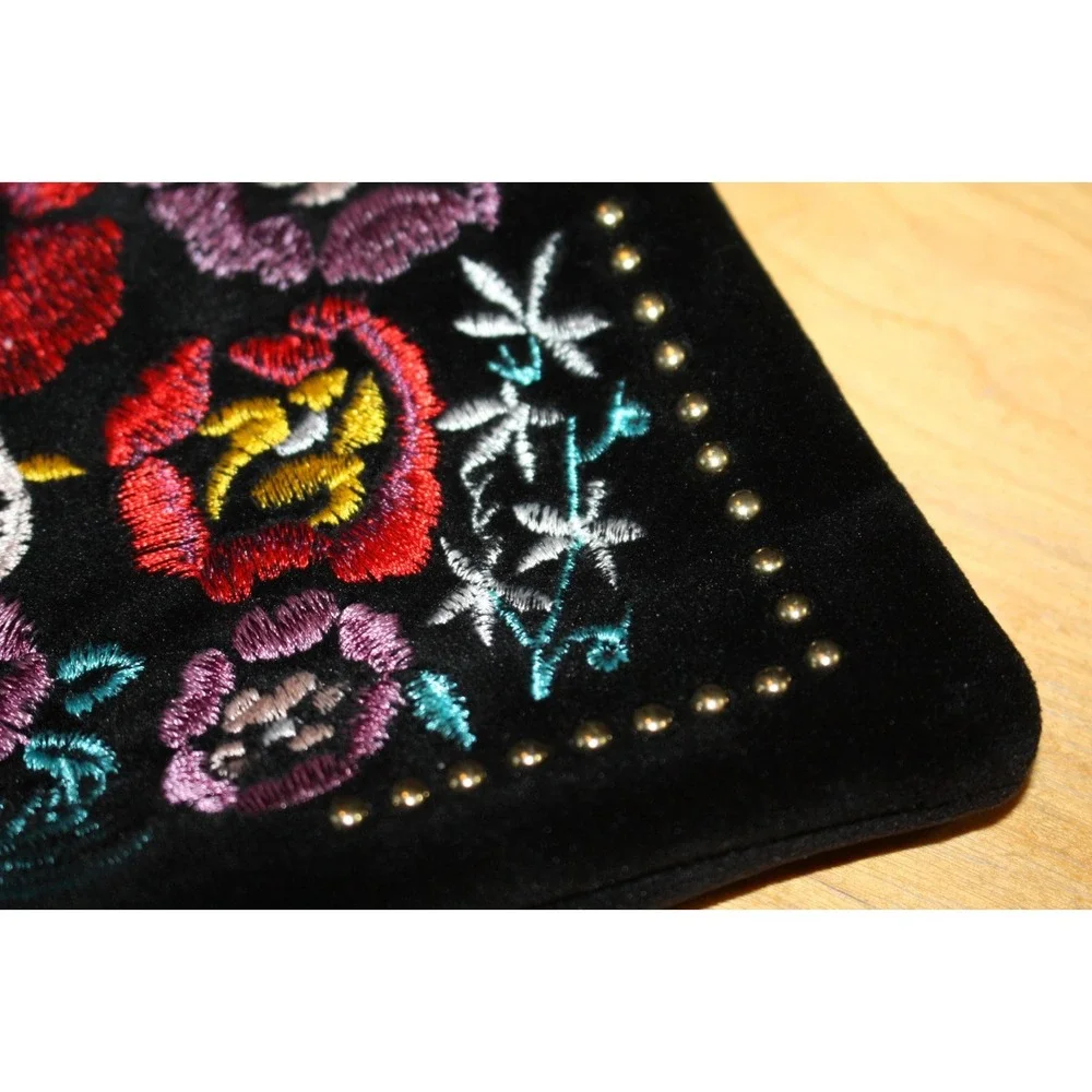 Black Embroidered Crossbody Bag Floral Bird Unbranded Adjustable Velvet Purse